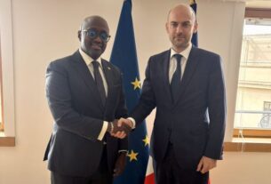 At the 3rd AU–EU Ministerial Meeting, Minister Olivier J.P. Nduhungirehe meets Hon. Jean-Noël Barrot, Minister for Europe and Foreign Affairs of France