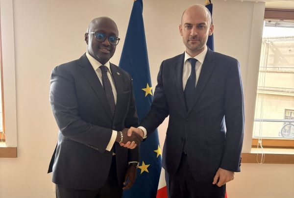 At the 3rd AU–EU Ministerial Meeting, Minister Olivier J.P. Nduhungirehe meets Hon. Jean-Noël Barrot, Minister for Europe and Foreign Affairs of France